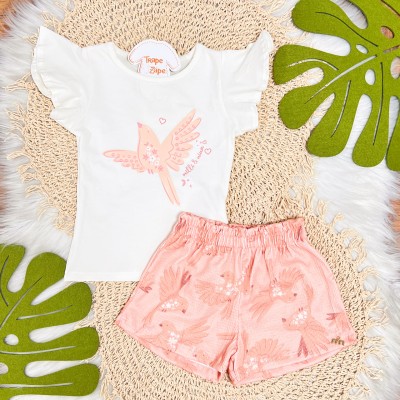 Conj. Blusa Passarinho e Short - Off White e Salmão